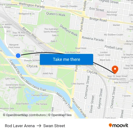 Rod Laver Arena to Swan Street map