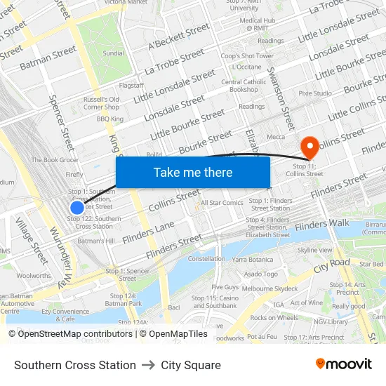 Southern Cross Station to City Square map