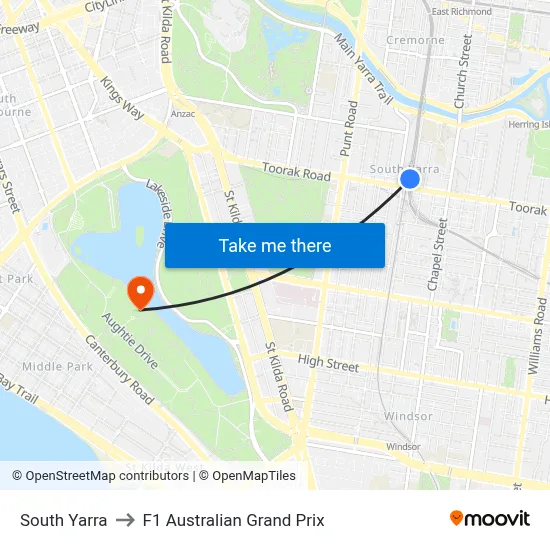 South Yarra to F1 Australian Grand Prix map