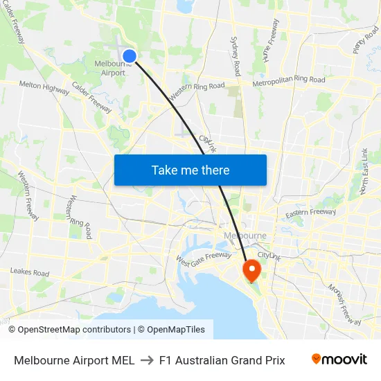 Melbourne Airport MEL to F1 Australian Grand Prix map