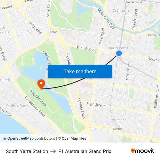 South Yarra Station to F1 Australian Grand Prix map