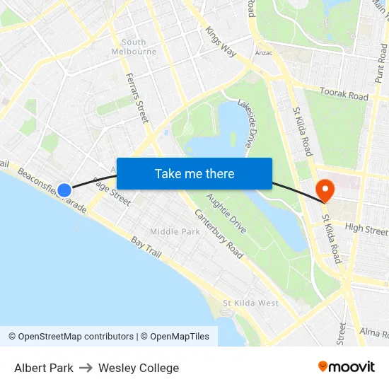 Albert Park to Wesley College map