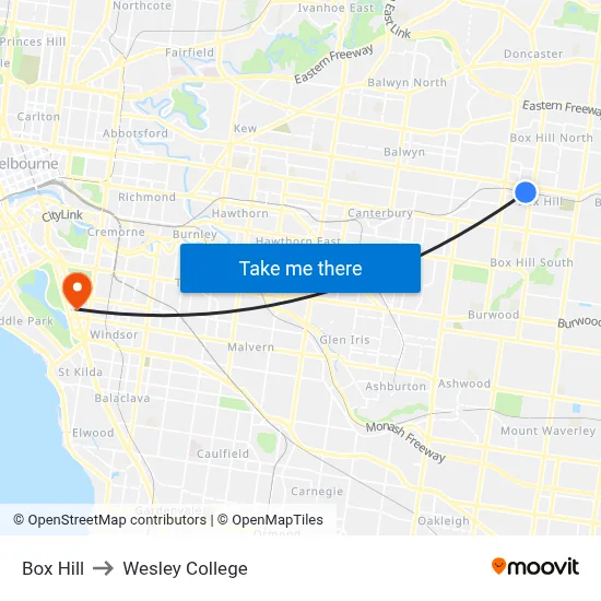 Box Hill to Wesley College map