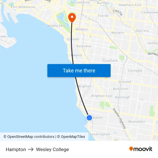 Hampton to Wesley College map