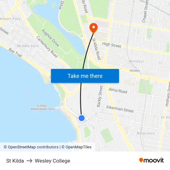 St Kilda to Wesley College map