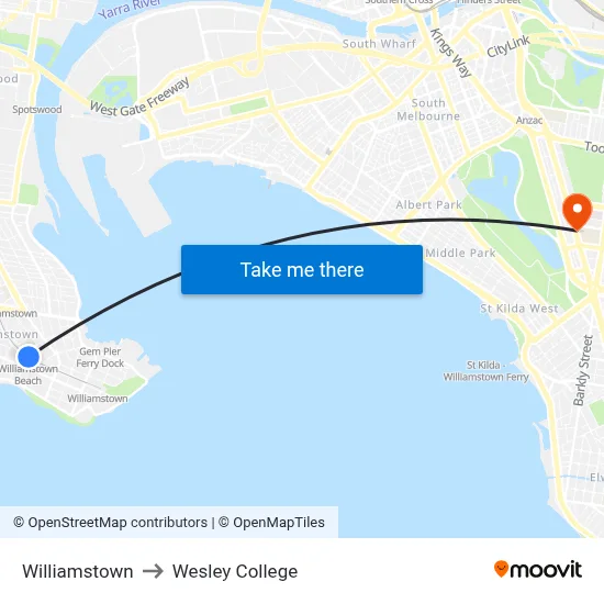 Williamstown to Wesley College map