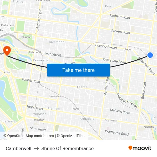 Camberwell to Shrine Of Remembrance map