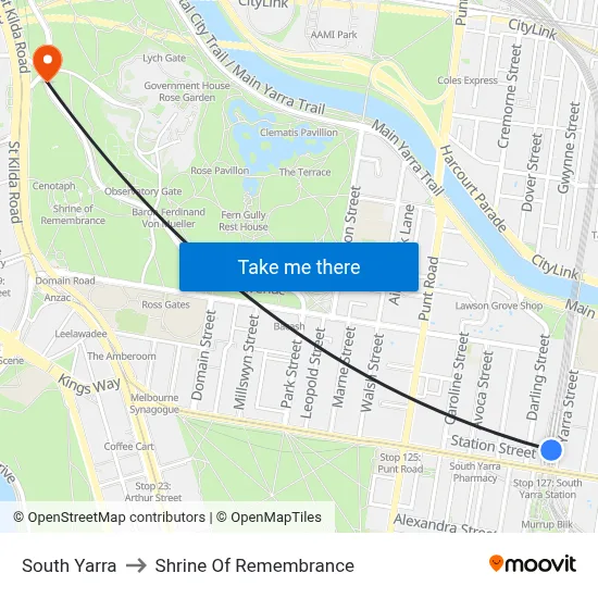 South Yarra to Shrine Of Remembrance map