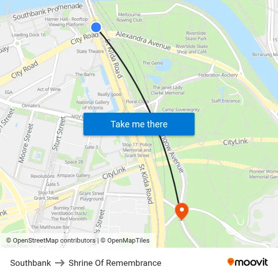 Southbank to Shrine Of Remembrance map