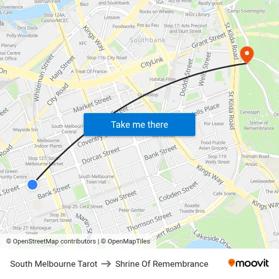 South Melbourne Tarot to Shrine Of Remembrance map