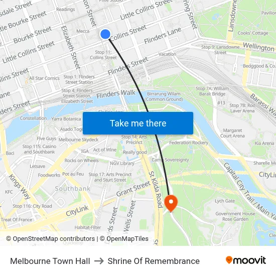 Melbourne Town Hall to Shrine Of Remembrance map