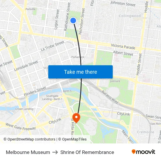 Melbourne Museum to Shrine Of Remembrance map