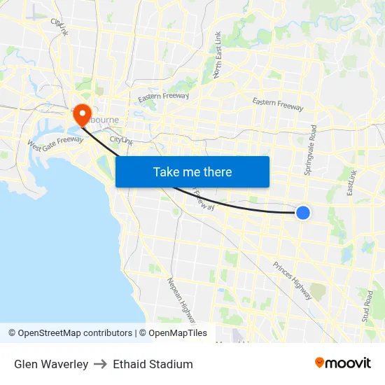 Glen Waverley to Ethaid Stadium map