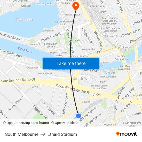 South Melbourne to Ethaid Stadium map