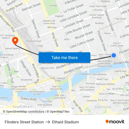 Flinders Street Station to Ethaid Stadium map