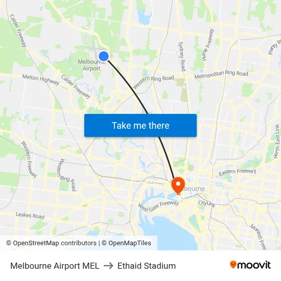 Melbourne Airport MEL to Ethaid Stadium map