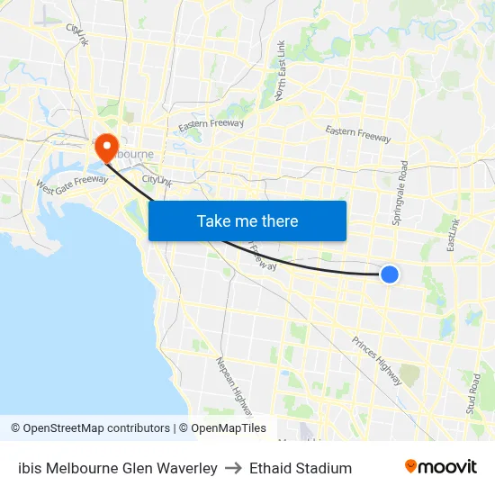 ibis Melbourne Glen Waverley to Ethaid Stadium map