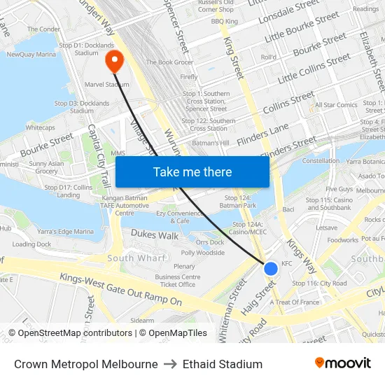 Crown Metropol Melbourne to Ethaid Stadium map