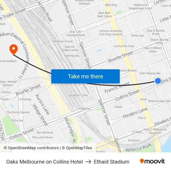 Oaks Melbourne on Collins Hotel to Ethaid Stadium map