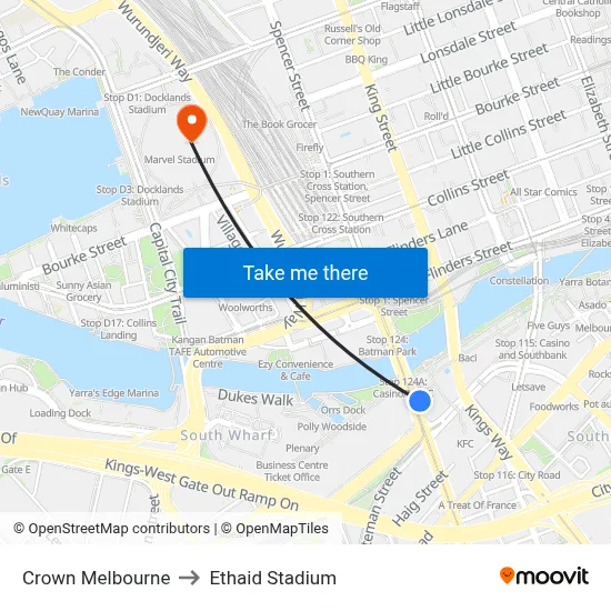 Crown Melbourne to Ethaid Stadium map