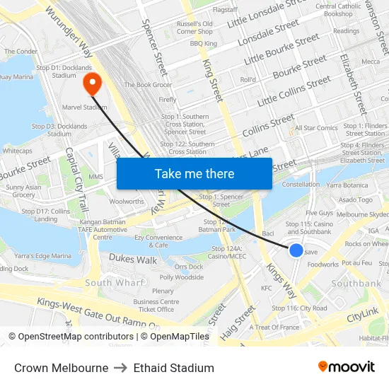 Crown Melbourne to Ethaid Stadium map