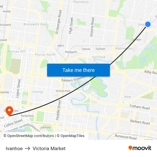 Ivanhoe to Victoria Market map