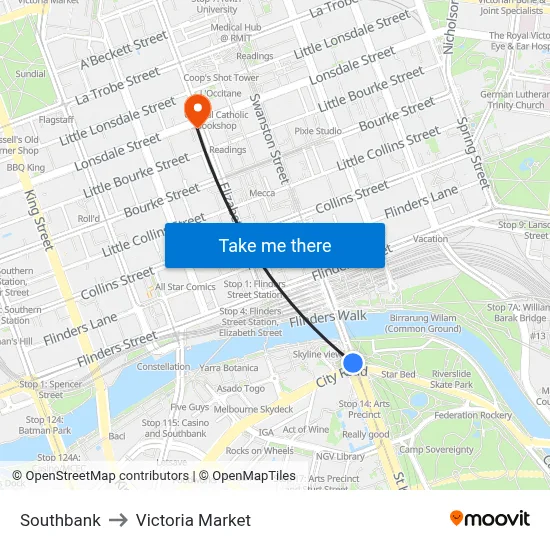 Southbank to Victoria Market map