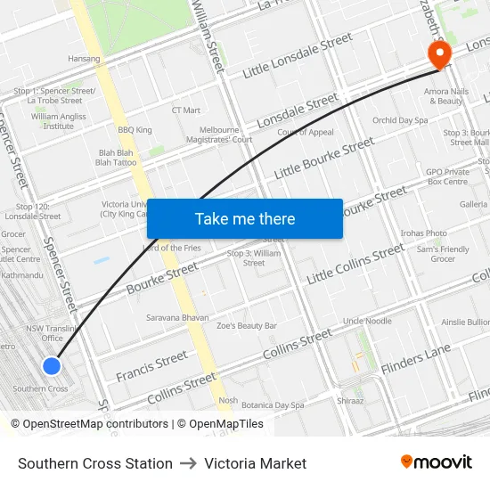 Southern Cross Station to Victoria Market map