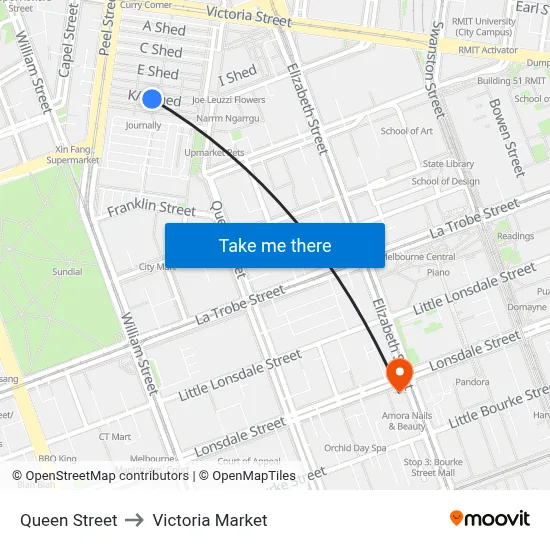 Queen Street to Victoria Market map