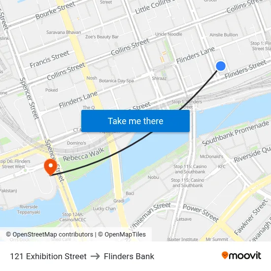 121 Exhibition Street to Flinders Bank map