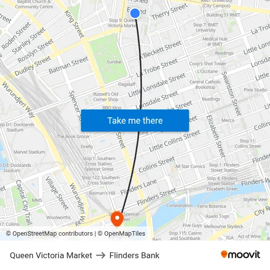 Queen Victoria Market to Flinders Bank map