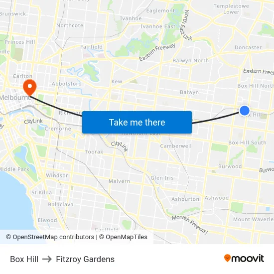 Box Hill to Fitzroy Gardens map
