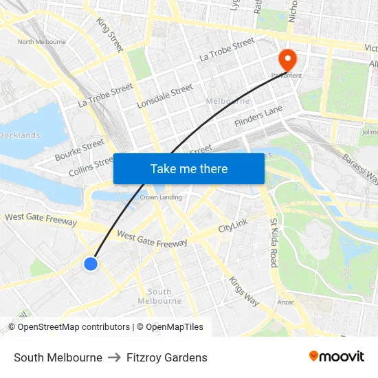 South Melbourne to Fitzroy Gardens map