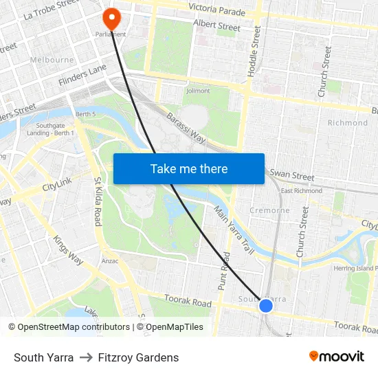 South Yarra to Fitzroy Gardens map