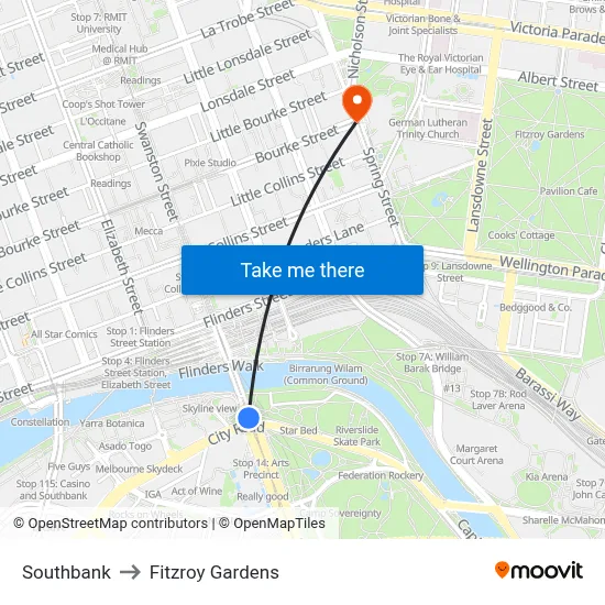 Southbank to Fitzroy Gardens map