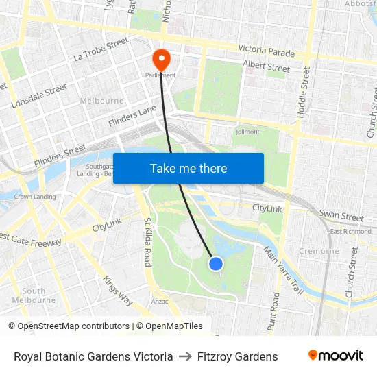 Royal Botanic Gardens Victoria to Fitzroy Gardens map