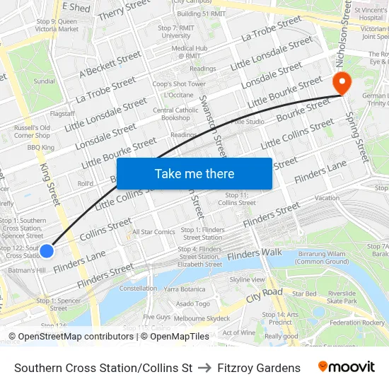 Southern Cross Station/Collins St to Fitzroy Gardens map
