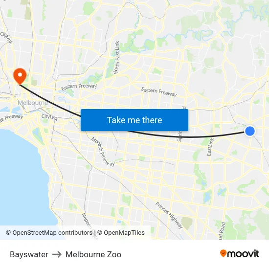 Bayswater to Melbourne Zoo map