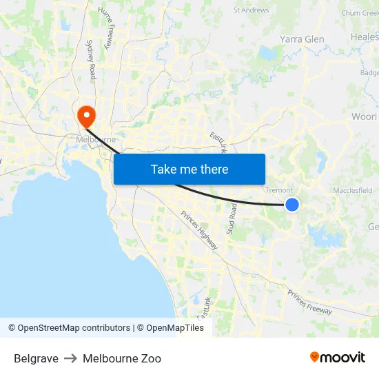 Belgrave to Melbourne Zoo map