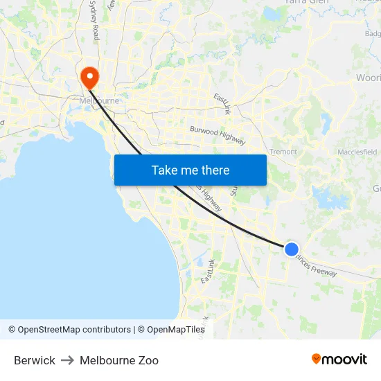 Berwick to Melbourne Zoo map