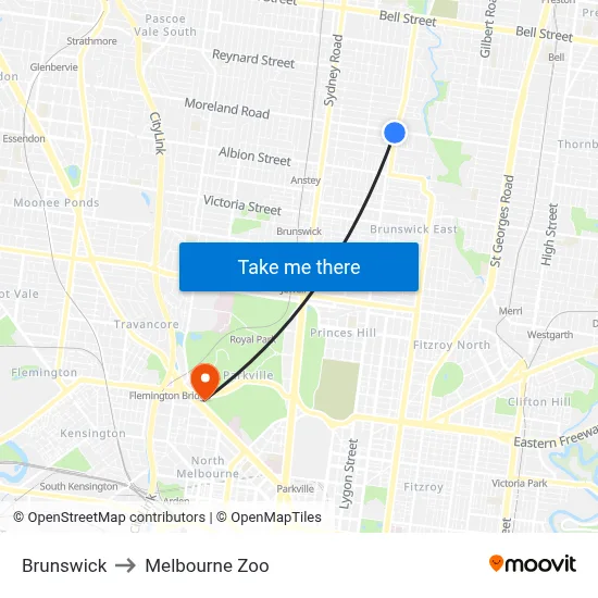 Brunswick to Melbourne Zoo map