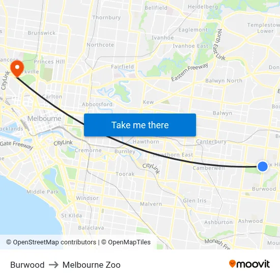 Burwood to Melbourne Zoo map