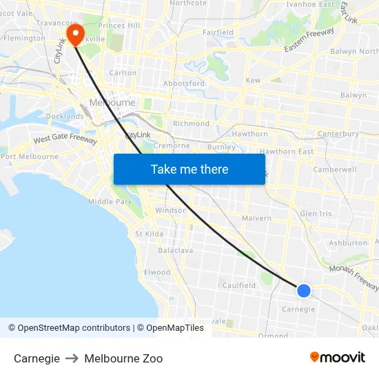 Carnegie to Melbourne Zoo map