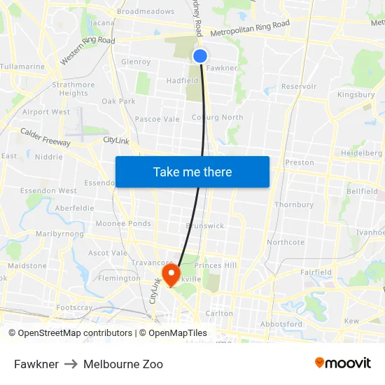 Fawkner to Melbourne Zoo map