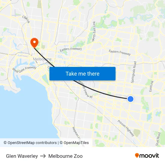 Glen Waverley to Melbourne Zoo map
