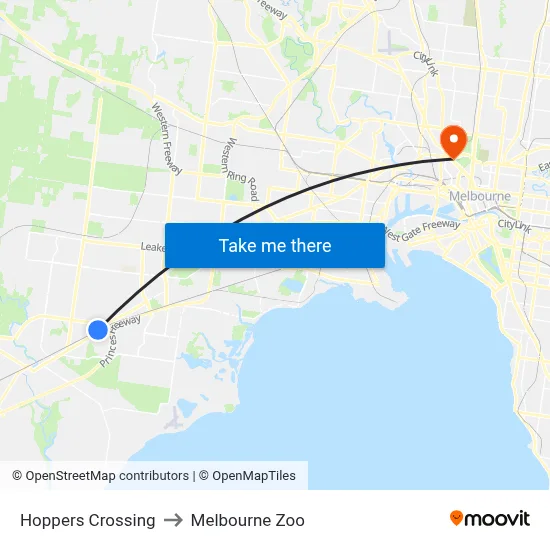 Hoppers Crossing to Melbourne Zoo map