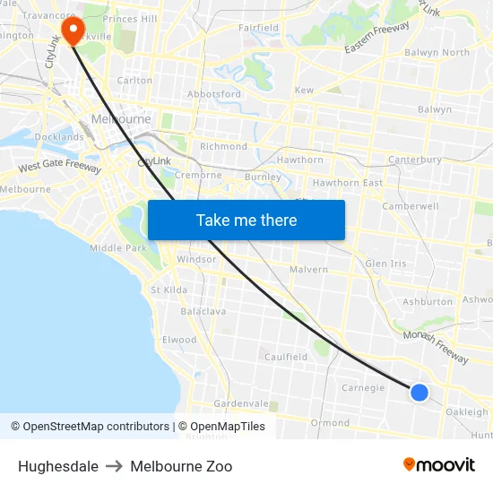 Hughesdale to Melbourne Zoo map