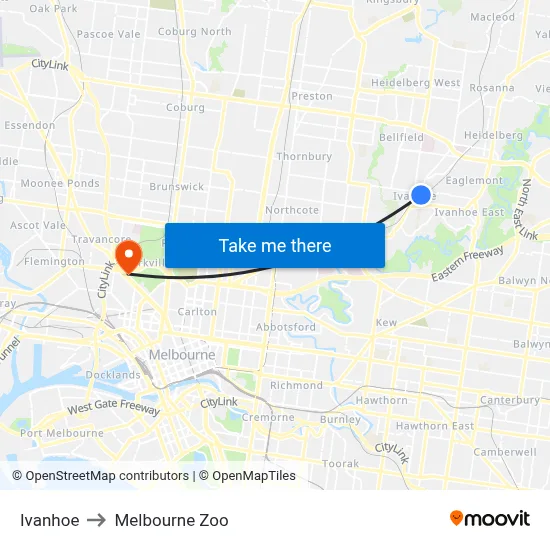 Ivanhoe to Melbourne Zoo map