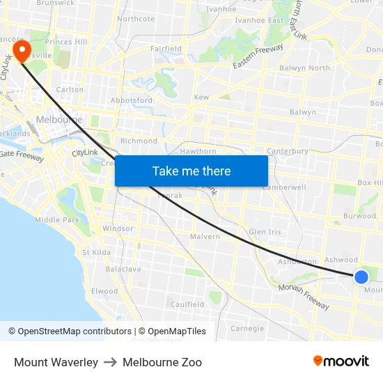 Mount Waverley to Melbourne Zoo map