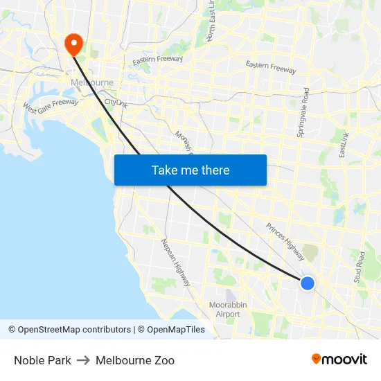 Noble Park to Melbourne Zoo map
